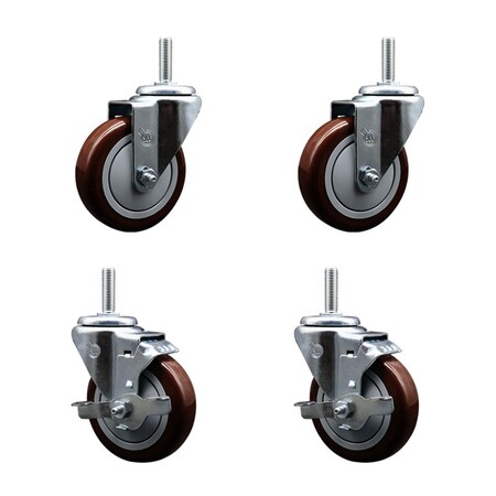 Service Caster 4 Inch Maroon Polyurethane Wheel Swivel 34 Inch Threaded Stem Caster Set 2 Brakes SCC SCC-TS20S414-PPUB-MRN-34212-2-TLB-2